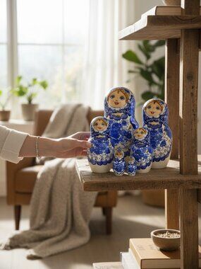 Vintage Hand Painted Set of 8 Blue White Russian Nesting Matryoshka Dolls Signed